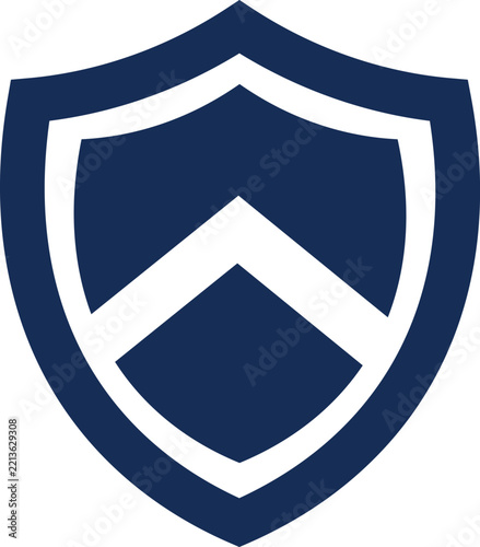 Minimalist shield icon with a chevron symbol isolated on white background