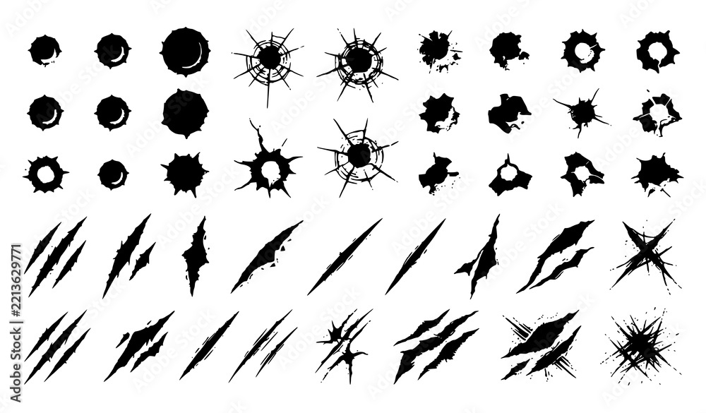 Fototapeta premium Retro vector bullet and slash marks collection with black grunge bullet holes, cracked glass impacts, claw scratches, torn cuts and distressed splatter effects