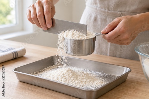 Hands leveling all-purpose flour in metal measuring cup for baking