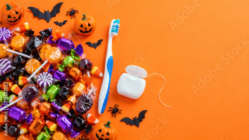 Halloween candy pile with toothbrush and dental floss on orange background - dentist and oral hygiene reminder flat lay