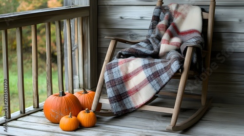 A stack of pumpkins on a porch next to a rocking chair