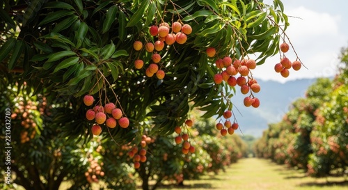 A lychee tree laden with ripe, orange lychees hangs over a lush orchard.