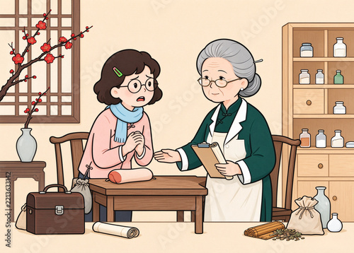 Chinese traditional medicine consultation illustration, cartoon young woman visiting elderly female herbalist doctor in old chinese clinic