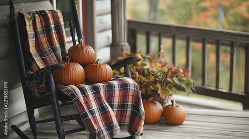 A stack of pumpkins on a porch next to a rocking chair