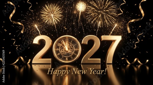 Happy New Year 2027 Golden 3D Numbers with Vintage Clock Face and Fireworks Background