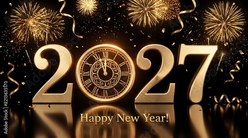 Happy New Year 2027 Golden 3D Numbers with Vintage Clock Face and Fireworks Background
