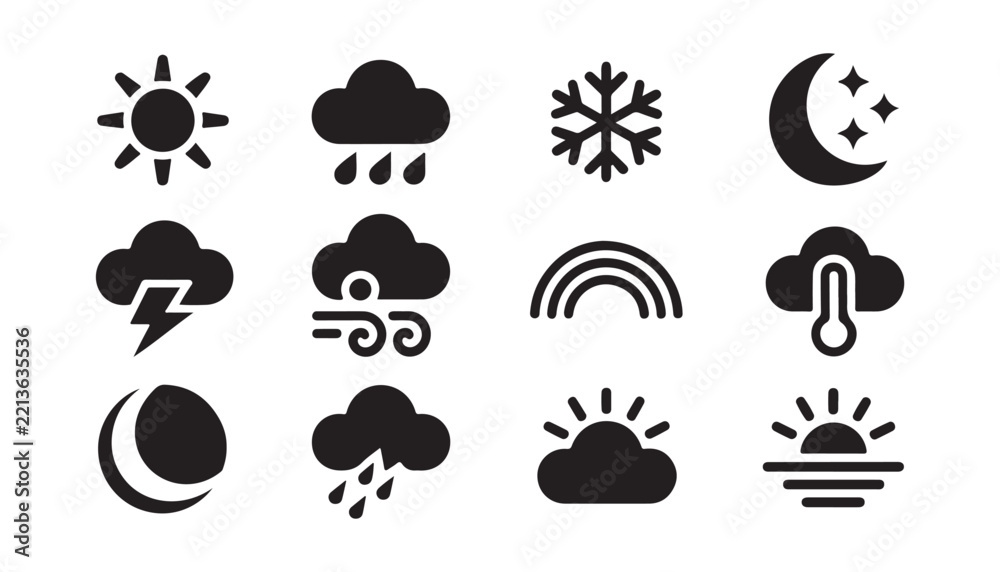 Fototapeta premium Collection of weather forecast icons featuring sun moon clouds storm and rainbow for web usage.