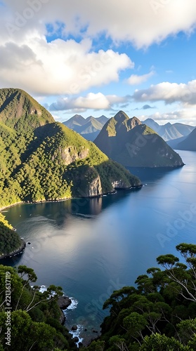 Scenic View of Lush Green Mountain Peaks Rising Over a Calm Ocean Bay Beneath Cloudy Blue Sky