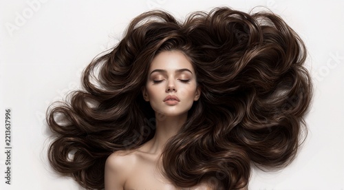 Beautiful Woman with Long Wavy Hair, Portrait of Model with Voluminous Brown Hair on White Background