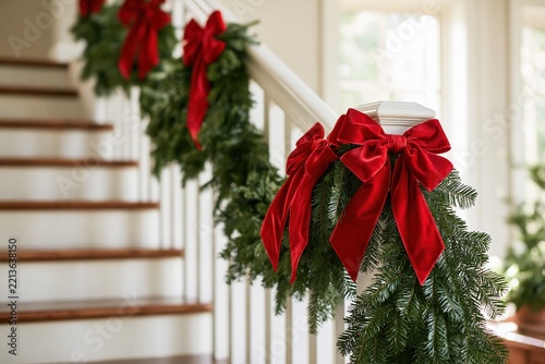 Christmas Staircase Garland with Red Velvet Bows on a White Banister