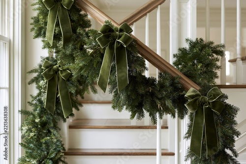 Christmas Staircase Garland with Olive Green Velvet Bows