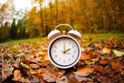End of daylight saving time in autumn, winter time changeover, alarm clock fall back switch, colorful foliage in forest