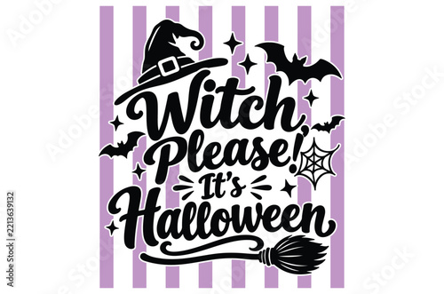Halloween typography featuring a witch s hat bats and broom in a black silhouette style