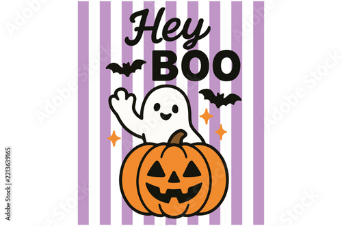 Halloween illustration features a ghost waving from atop a carved pumpkin against a striped backdrop