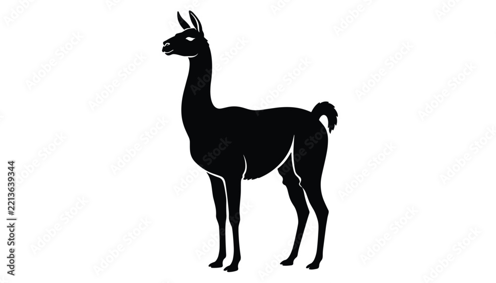 Fototapeta premium Full-body black silhouette of an Andean llama standing majestically on a solid white background showcasing its long neck and thick fur.