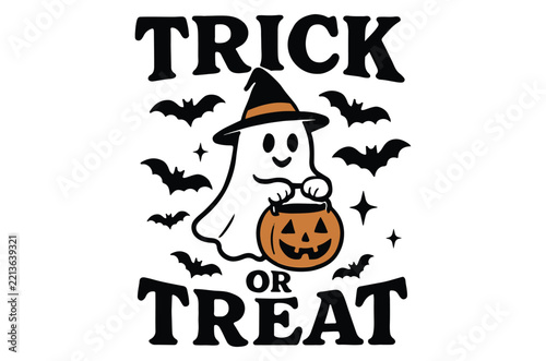 Halloween illustration featuring a ghost holding a pumpkin bucket with bats and text specter