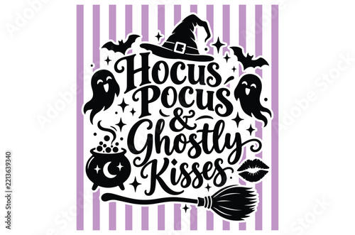 Halloween lettering with witch hat cauldron ghosts and bats creates a spooky vector illustration