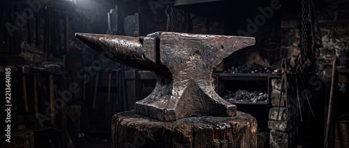 Antique anvil on wooden stump in dark blacksmith workshop with tools and materials for metalworking and crafting iron items