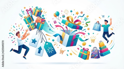 Joyful Vector Illustration of Shoppers With Gifts Bags and Confetti