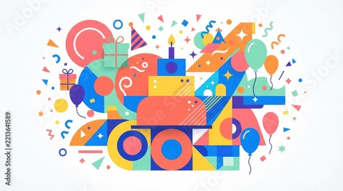 Colorful Geometric Birthday Illustration With Cake and Balloons