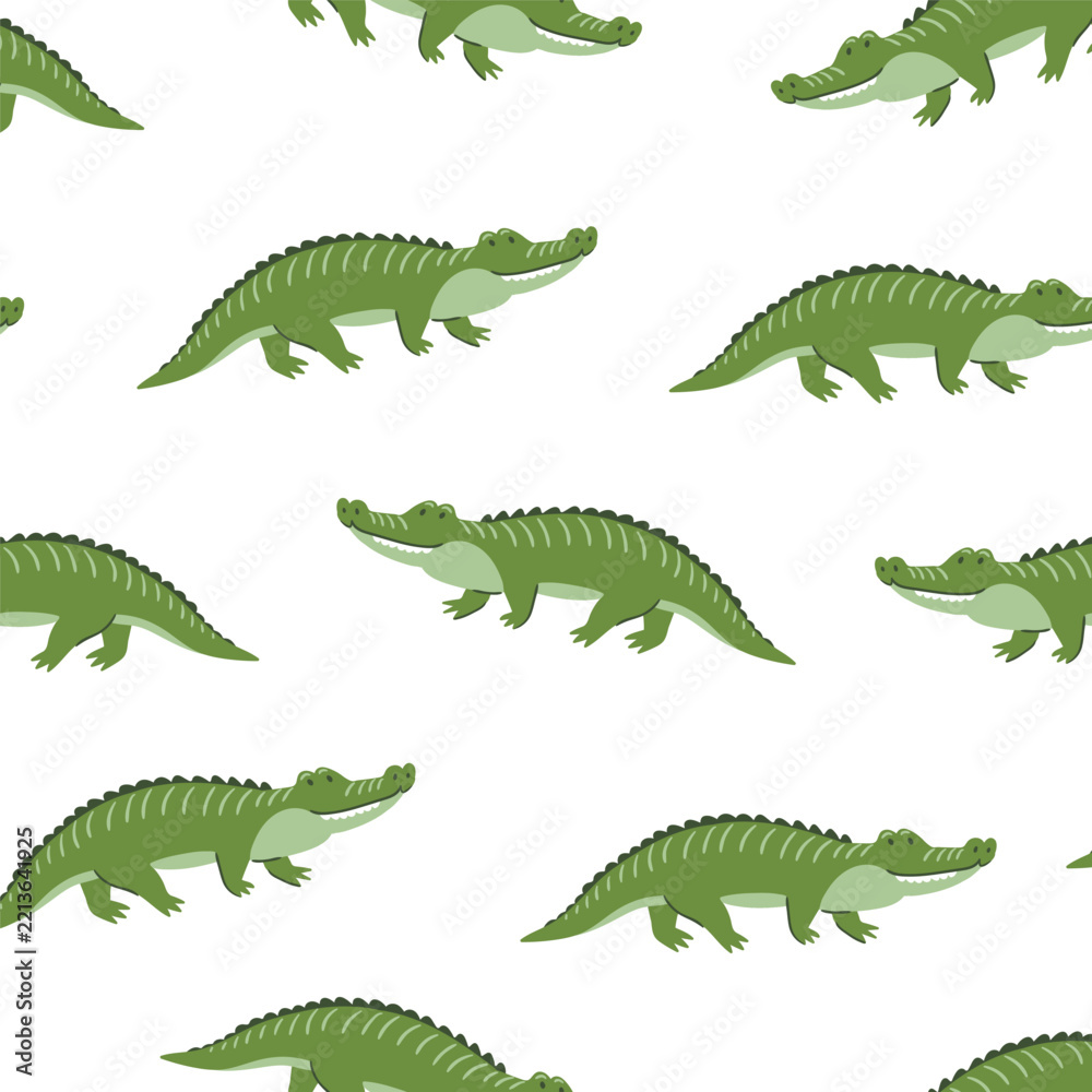 Fototapeta premium Vector African animal seamless pattern. Stylized green crocodile repeat background for child fabric