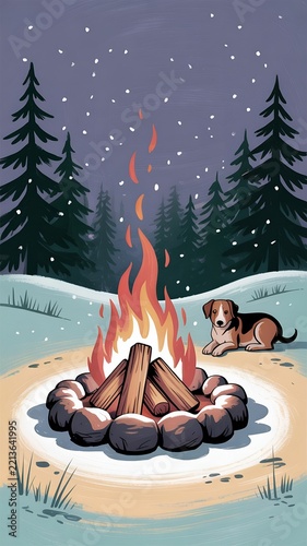 Campfire Night Snow Winter Pine Forest Dog Sitting Fire Wood Cozy Outdoor Camping Adventure Travel Wild Landscape