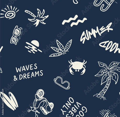 Summer vacation seamless pattern with hand drawn beach icons on dark