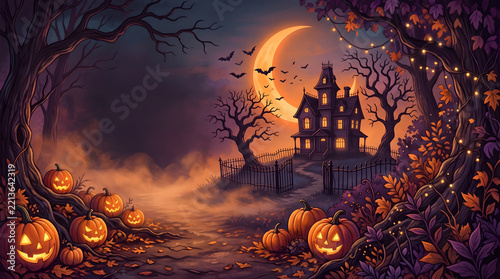 Creepy Halloween scene of a misty pathway flanked by glowing carved pumpkins leading toward an imposing haunted Victorian mansion beneath a glowing crescent moon and barren autumn trees