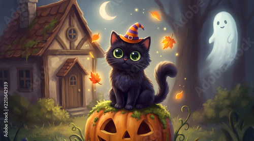 Cute cartoon black kitten wearing striped witch hat sitting on carved pumpkin beside cozy fairy tale cottage with friendly white ghost hovering in misty woods under crescent moon on Halloween