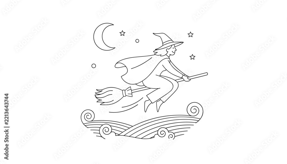 Fototapeta premium Charming line art vector illustration of a witch flying on a broomstick under a crescent moon with starry night sky and ocean waves.