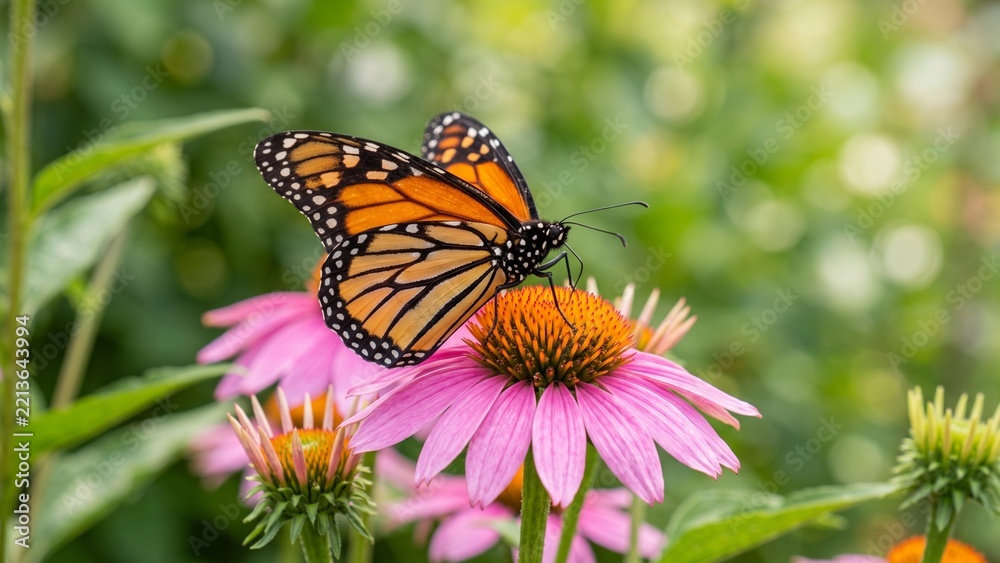 Obraz premium Monarch butterfly feeding on a purple coneflower blossom