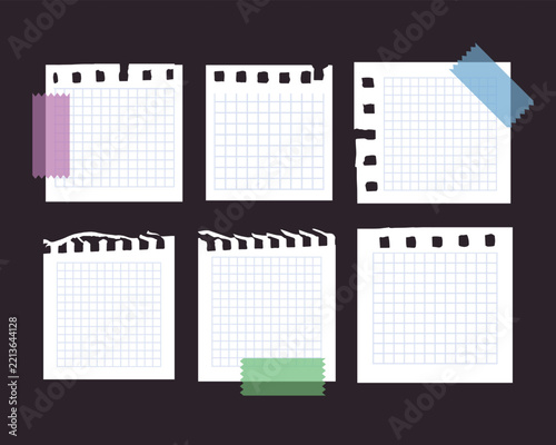 A set of vector checkered notebook sheets and sticky notes Collection of blank sheets post its organizing notes colors clips and binder