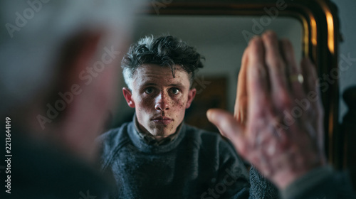 Elderly Person Looking in Mirror Seeing Younger Self