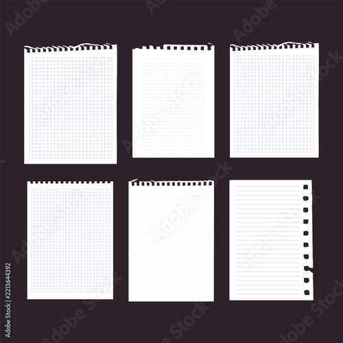 Notebook pages or vector lined notepaper, Set of isolated background for office document or grid page, Set of vector notebook and notepad sheets in grid, dotted, and lined styles with perforation and 