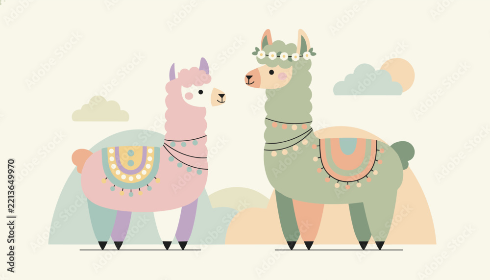 Fototapeta premium Two cute colorful lamas adorned with floral garlands and decorative saddles standing on a pastel landscape with clouds and sun in a vector art.