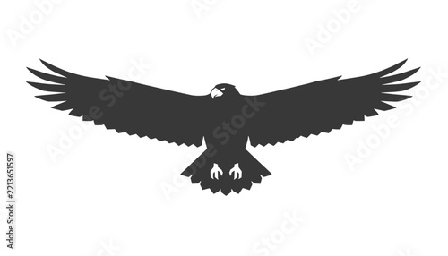 Black silhouette vector graphic of a majestic eagle soaring high in the sky with wings spread wide open.