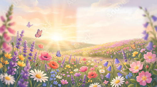 vibrant summer sunrise over blooming wildflower meadow with colorful daisies poppies and lavender while butterflies flutter under warm glowing sun rays creating ethereal nature landscape