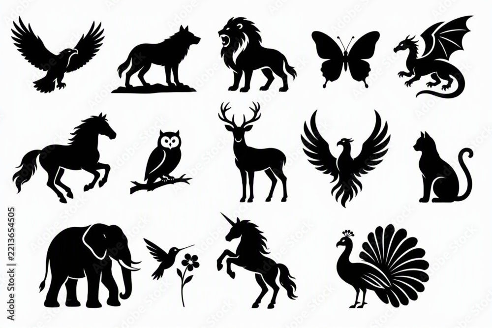 Fototapeta premium Set of black animal silhouettes featuring wildlife and mythical creatures for creative projects