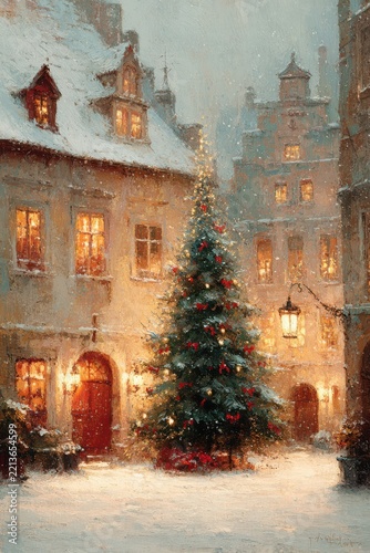 Classic Christmas postcard with elegant tree, presents, ribbons and golden stars.