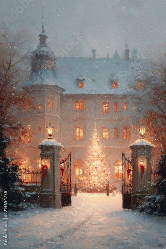 Traditional Christmas greeting card with decorated tree and wrapped presents.
