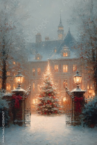 Traditional Christmas greeting card with decorated tree and wrapped presents.