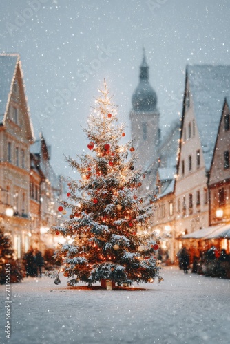 European Christmas postcard with glowing tree beside a snowy village square.