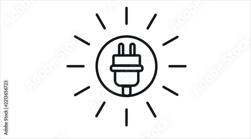 Electric plug inside sun rays symbol vector icon. Black line art style on white background. Clean outline solar power connector for renewable green electricity, eco energy saving