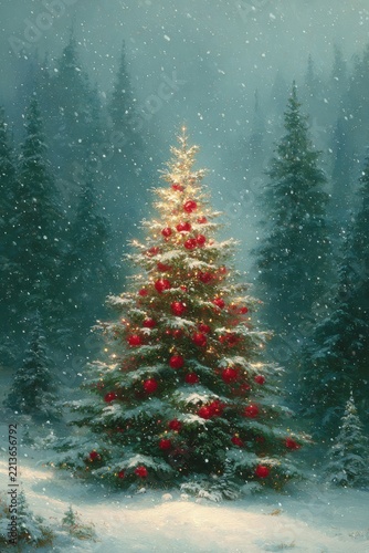 Classic festive postcard with Christmas tree, presents and traditional red ribbons.