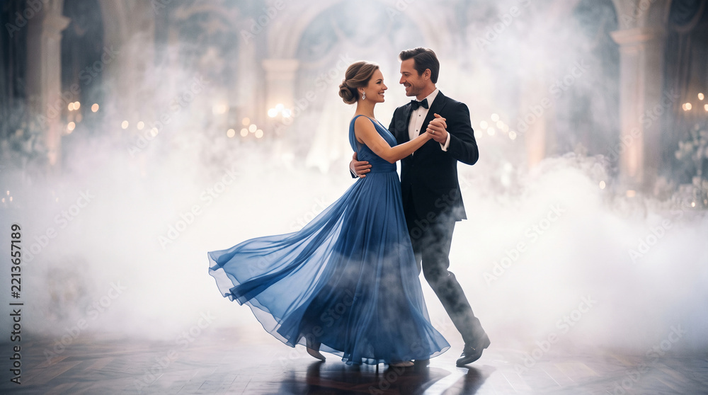 Naklejka premium Elegant couple dancing in formal attire amid atmospheric fog, symbolizing romance, celebration, and sophistication, ideal for events or luxury themes