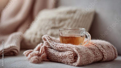Glass cup of tea resting on a cozy knitted blanket inside living room warm