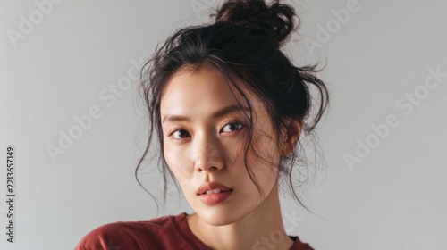 Portrait of a young Asian woman with dark hair tied in a bun looking directly at camera