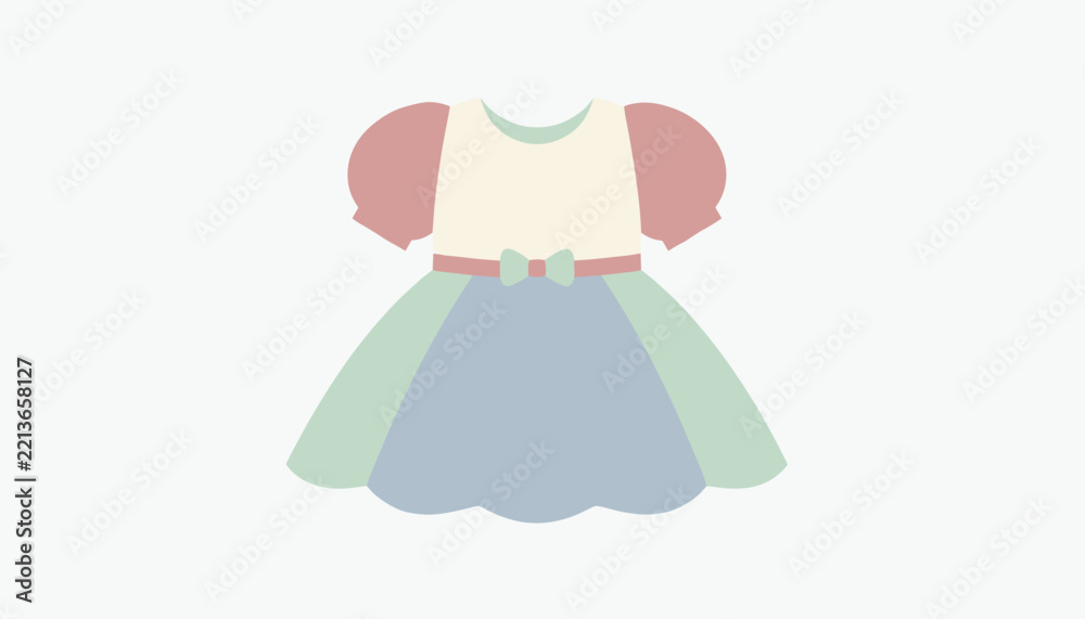 Fototapeta premium Cute cartoon dress with puffy pink sleeves, a white bodice, a light blue skirt, a green belt, and a little bow for fashion.