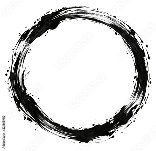 Black ink circular brush frame with grunge paint splatter isolated on transparent background