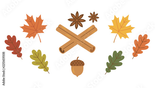 Cozy autumn composition featuring two crossed cinnamon sticks, star anise spices, an acorn, and colorful maple and oak leaves.